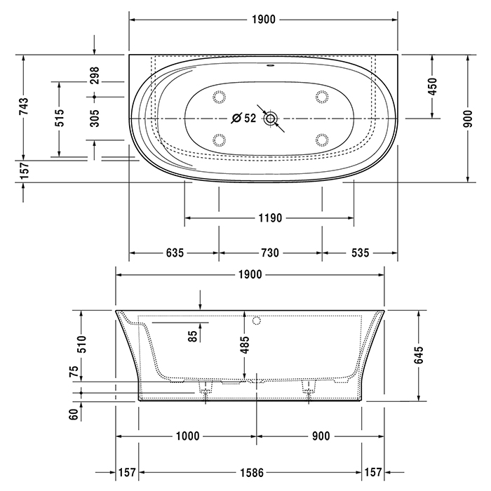 Duravit Cape Cod Ванна пристенный вариант, 190x90см с бесшовной панелью и ножками, с одним наклоном для спины, цвет: белый