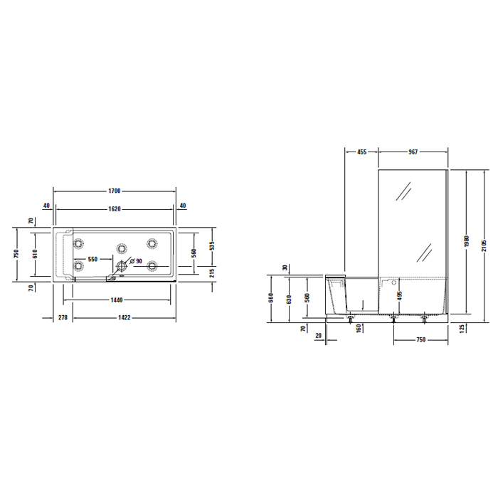 DURAVIT Shower + Bath Bathtub Ванна 170х75хh210.5см, прямоугольная с входной дверью и душевой шторкой, DX - правосторонняя, цвет: белый