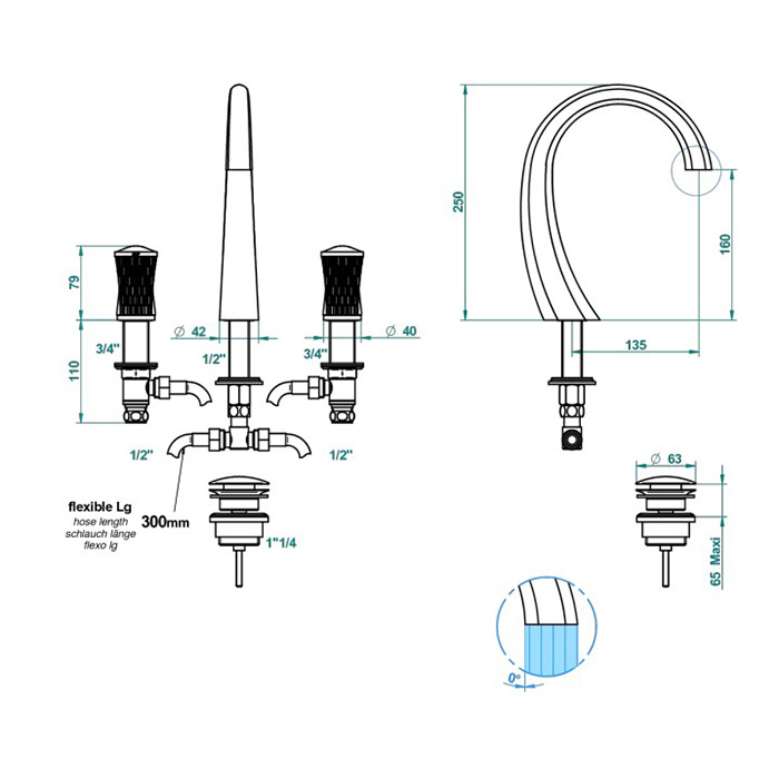 THG Infini white porcelain with platinum decor Смеситель для раковины на 3 отверстия, с донным клапаном, цвет: хром