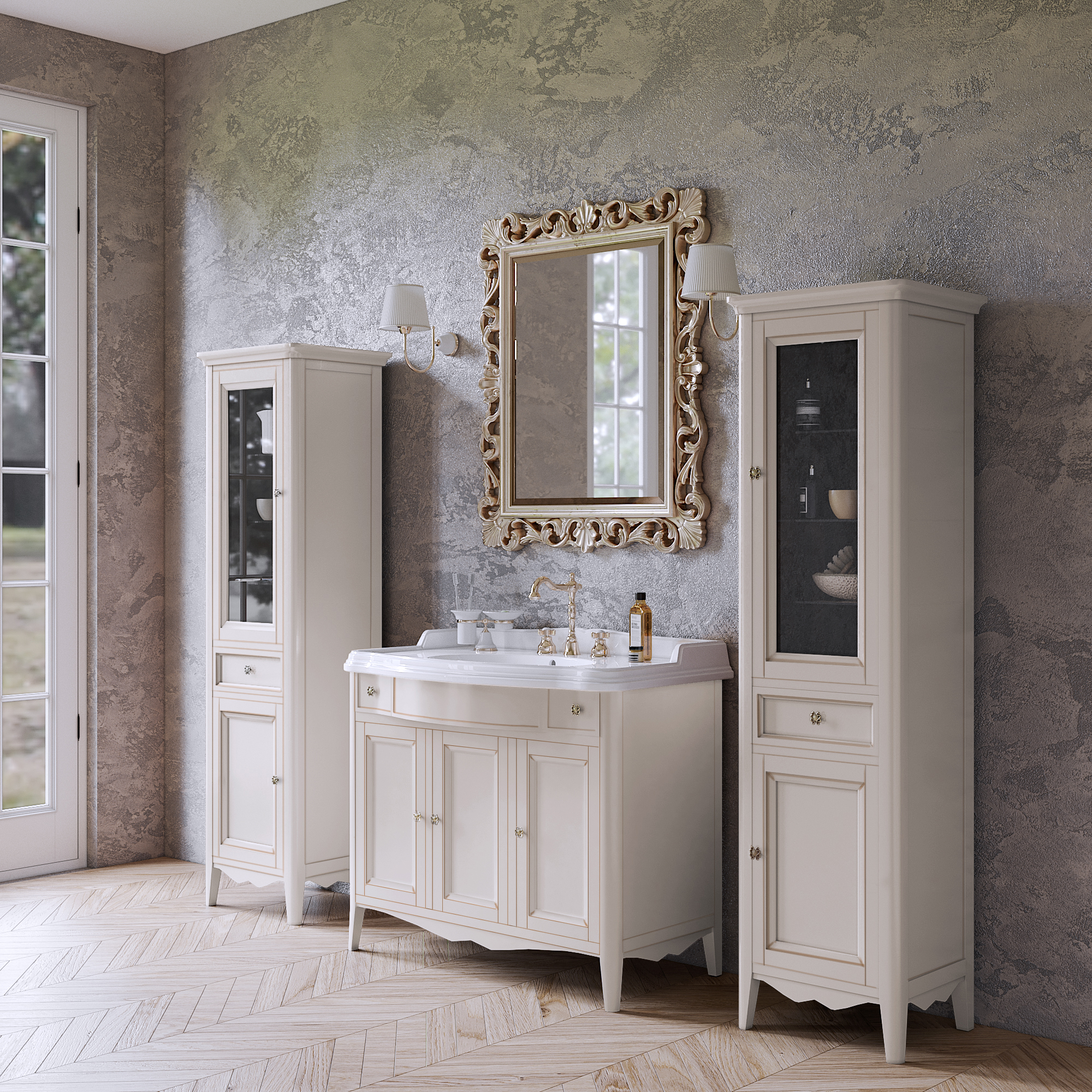 TW Veronica, База с раковиной Simas AR874bi*1 105x56см, с 1отв.,  2 верх.ящ. 3 распашные дверки, доводч. Blum, ручки: Riflesso бронза, напольная, цвет: VINTAGE