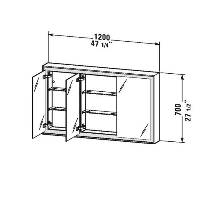 Duravit L-Cube Зеркальный шкаф 120х15.4xh70см. 3 дверцы зеркальные,с 4-х сторонней подсветкой, с LED диммером справа внизу