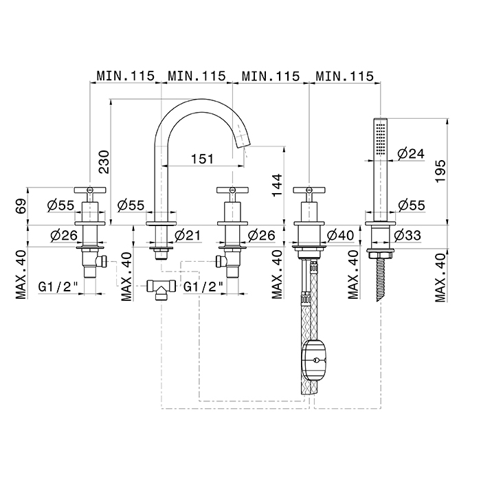 Newform Blink Смеситель на борт ванны, 5 отв., с ручным душем и изливом, цвет: хром