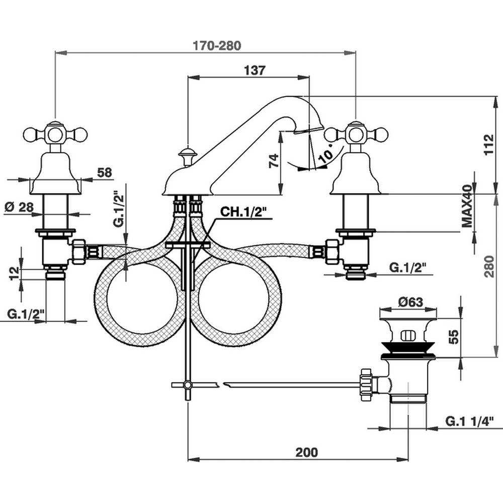 CISAL Arcana Ceramic Смеситель для раковины на 3 отверстия с донным клапаном, цвет: хром 