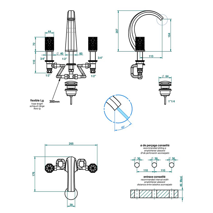 THG Nihal Porcelaine Verte Смеситель для раковины на 3 отверстия, с донным клапаном, цвет: Soft gold