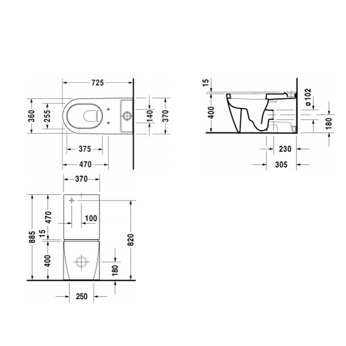 Duravit Starck 2 Унитаз моноблок приставной 72.5х37cм, слив универсальный, с креплением, с бачком на 4,5 л с механизмом слива хром, с сиденьем, цвет: белый