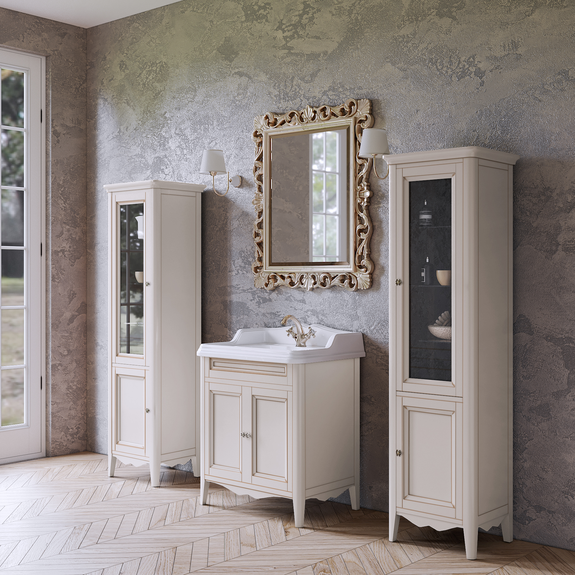 TW Veronica, База с раковиной Simas AR834bi*1 73x54см с 1отв. под смеситель , 2 расп. дверки, доводч. Blum, ручки: Riflesso бронза, напольная, цвет: Vintage