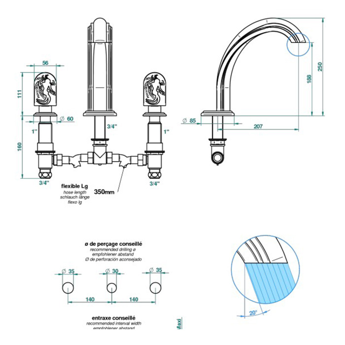 THG Naïade Cмеситель на борт ванны, на 3 отверстия, без ручного душа, цвет: полированное золото