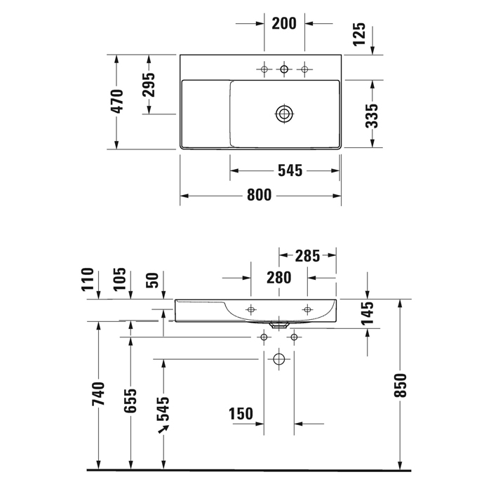 Duravit DuraSquare Раковина подвесная 80х47см, Dx, с отметками на 2 отв., без перелива, цвет: белый