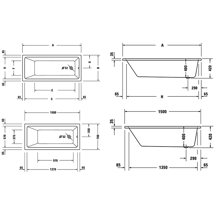 Duravit D-Neo Ванна 150х70х42см., отдельностоящая, DuraSolid, со сливом (без перелива), цвет: белый