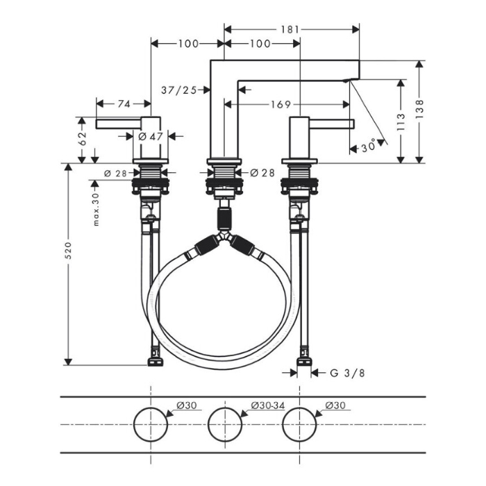 Hansgrohe Finoris Смеситель для раковины, 3 отв., с донным клапаном Push-Open, цвет: черный матовый