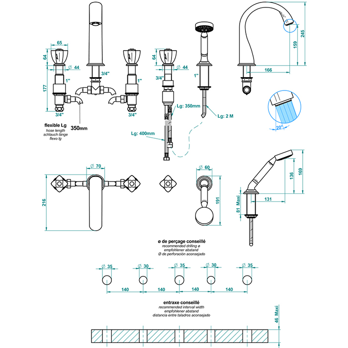 THG Petale de Cristal clair lisere dore Смеситель для ванны, 5 отв., цвет: золото/прозрачный хрусталь с золотым декором
