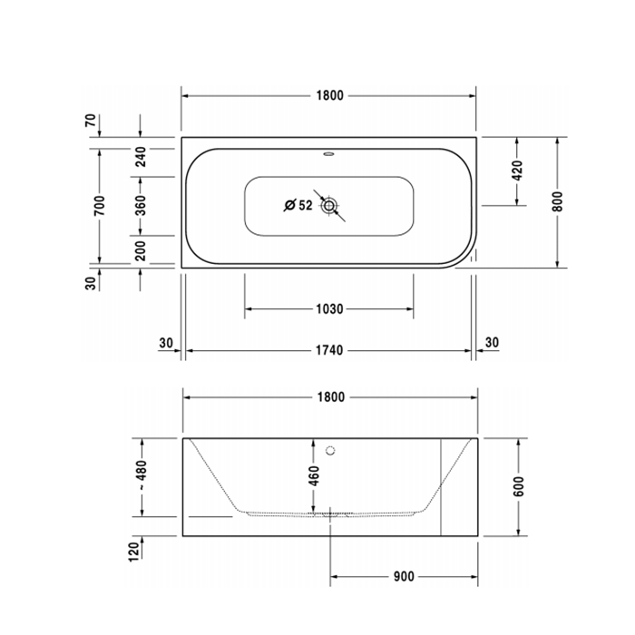 DURAVIT Happy D2 Ванна 180х80x60см, угол слева  вариант с двумя наклонами для спины, с интегр акрилов панелью и ножками, цвет белыйнаклонами для спины, цвет: белый