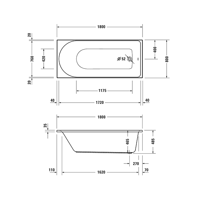 Duravit D-Neo Ванна 180х80хh60см, встраиваемая, с одним наклоном для спины, акрил, цвет: белый