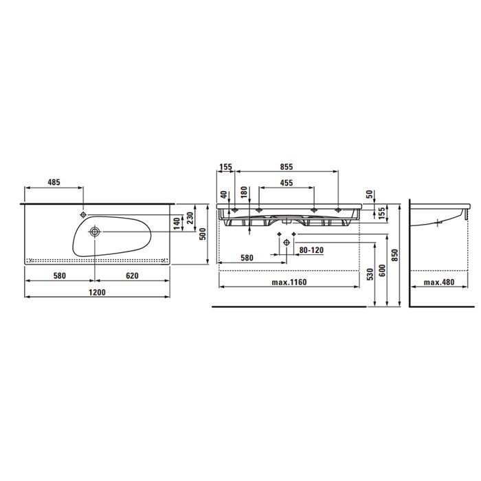 Laufen Palomba Раковина 120х50х4 см, 1 отв., полка слева, цвет: белый