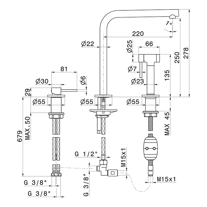 Newform N21 Смеситель для кухни, на 3 отв., излив 220 мм, цвет: Brushed nickel