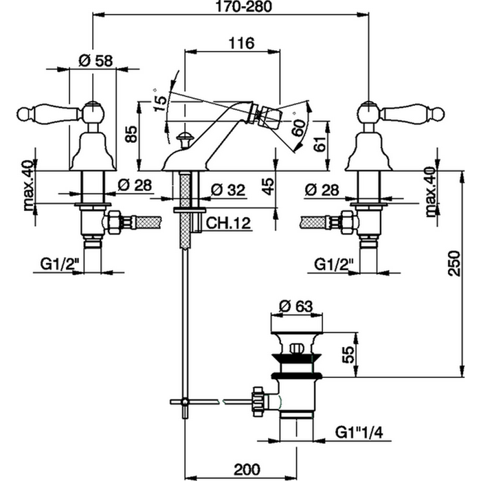 CISAL Arcana Toscana Смеситель для биде на 3 отверстия с донным клапаном, цвет: золото/белый