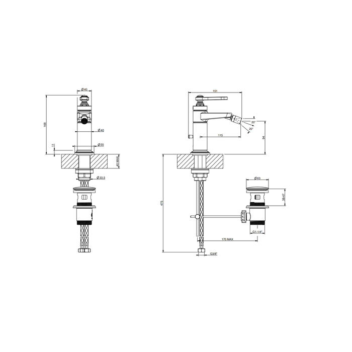 Gessi Venti20 Смеситель для биде на 1 отверстие, однорычажный, в комплекте с донным клапаном, цвет: хром