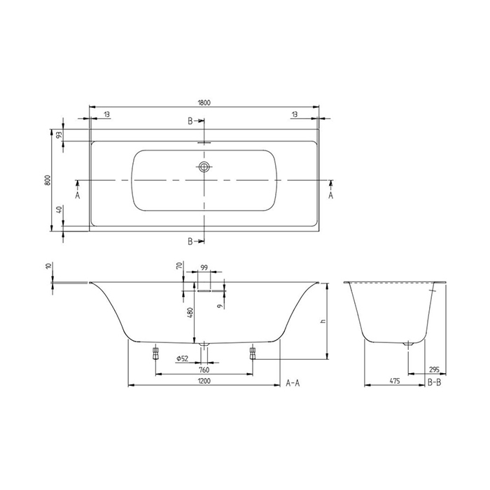 Villeroy&Boch Subway 3.0 Ванна встраиваемая 180х80х48см., слив по центру, компл. ножек, слив-перелив: белый, материал: Quaryl, цвет: альпийский белый