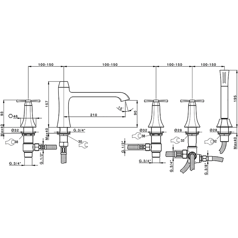 CISAL Cherie Смеситель на борт ванны на 5 отв., излив 210 мм, цвет: хром/черный матовый