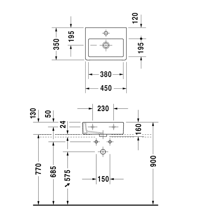  Duravit Vero Раковина 45x35 см, 1 отв., с переливом, цвет: белый