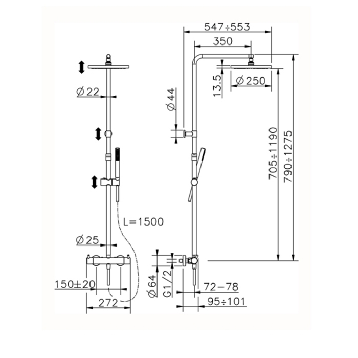 Cisal Less New Настенная душевая система: смеситель для душа, термостатический, верхний душ, ручной душ с держателем и шлангом, цвет: хром