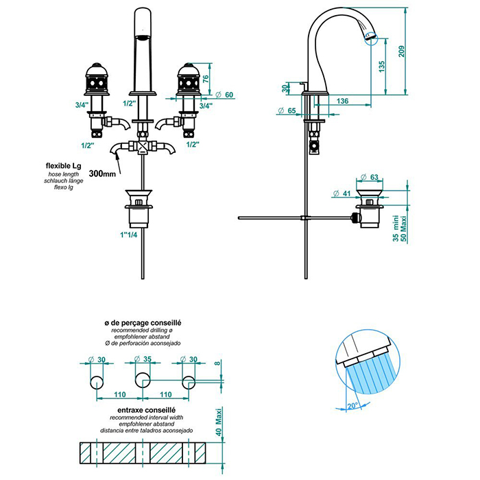 THG Duomo Смеситель для раковины, 3 отв., декор Aranja/хрусталь, цвет: никель/золото