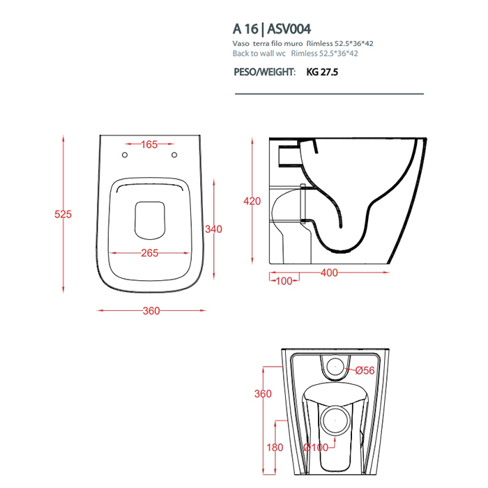 Artceram A16 Унитаз напольный, 52,5х36см, безободковый, слив универсальный, с крепежом, цвет: черный матовый