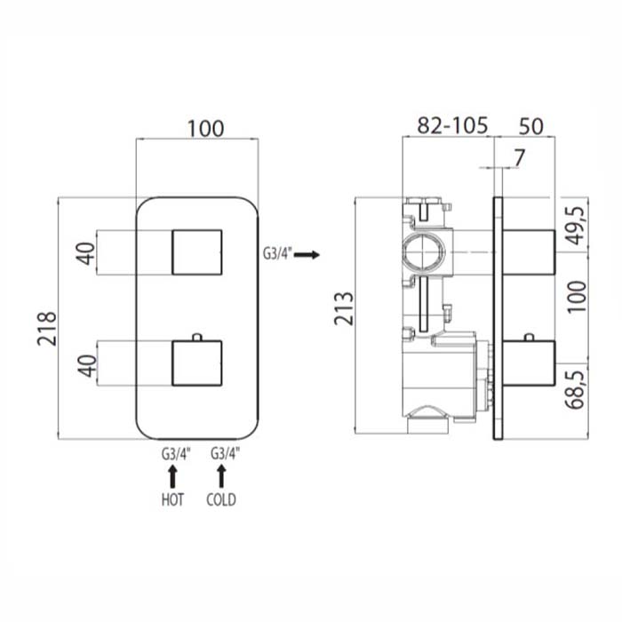 Bossini Rectangular Термостат для душа, встраиваемый, с девиаторм/запорным вентилем на 1 или 2 выхода, уст-ка верт/гор., цвет: хром