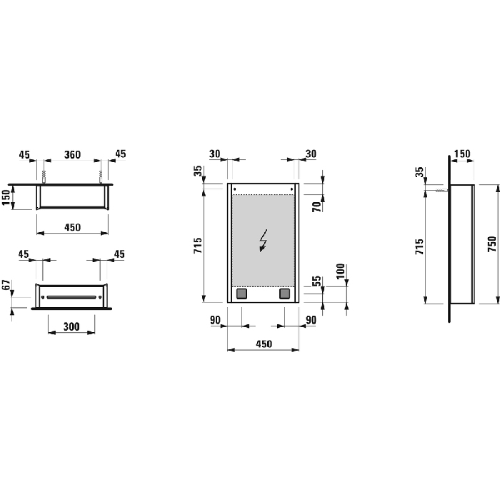 Laufen Frame 25 Зеркальный шка 45x15x75см., алюминий, 1 дверца с зеркалом с 2х сторон, SX, сенс. выкл., 2 розетки, 2 верт-х эл-та LED-подсветки (регул-ая яркость), с окружающим освещением (внизу)