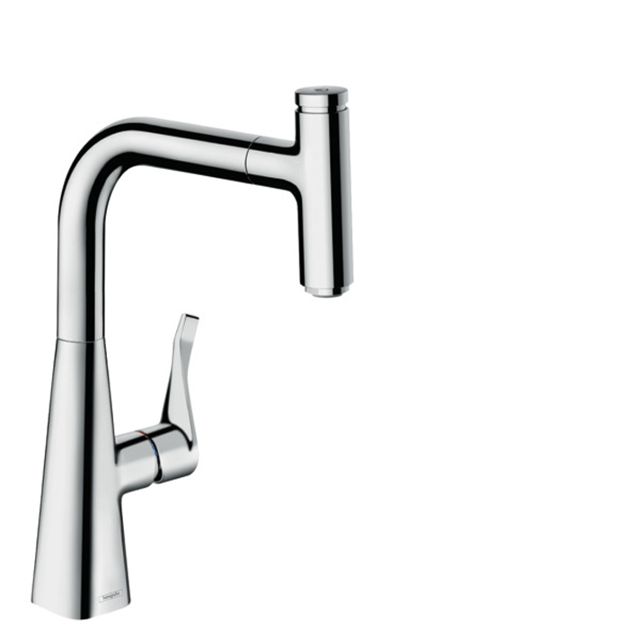 Hansgrohe Metris Select M71 Смеситель для кухни, на 1 отв, поворотный излив 22.2см с вытяжным душем, 1jet, h23.8см, sBox, кнопка вкл/выкл, цвет: хром