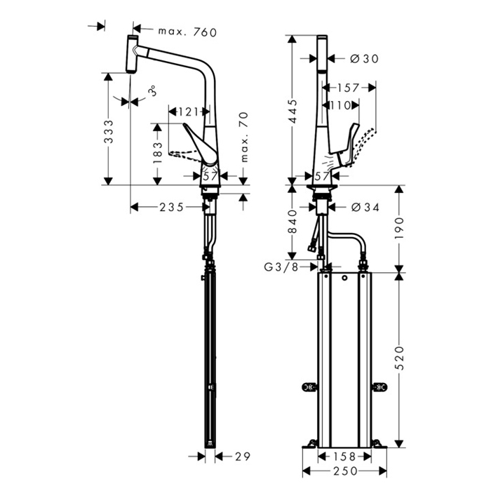 Hansgrohe Metris Select M71 Смеситель для кухни, на 1 отв, поворотный излив: 23.5см с вытяжным душем, 1jet, h: 33.3см, sBox, кнопка вкл/выкл, цвет: хром