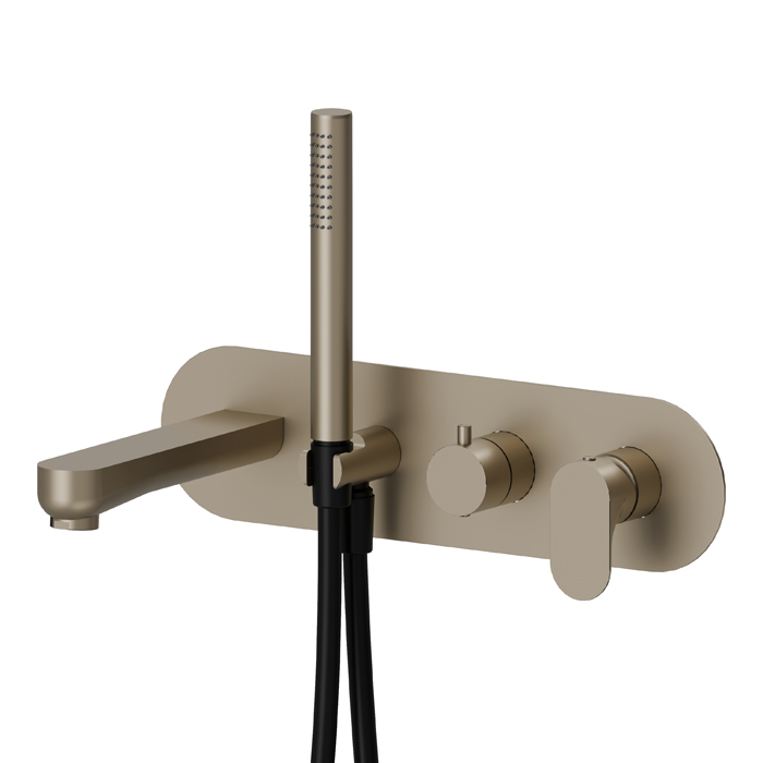 Newform Linfa II Смеситель для ванны, встраиваемый, с изливом и ручным душем, внешняя часть, цвет: gold satin