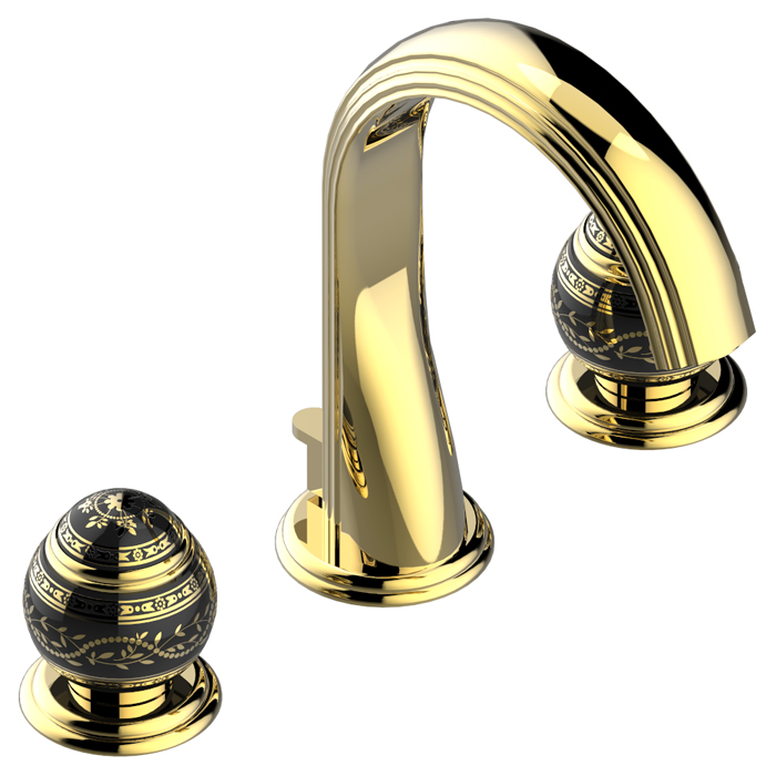 THG Marquise porcelaine noire Смеситель для раковины, 3 отв., цвет: золото/черный фарфор