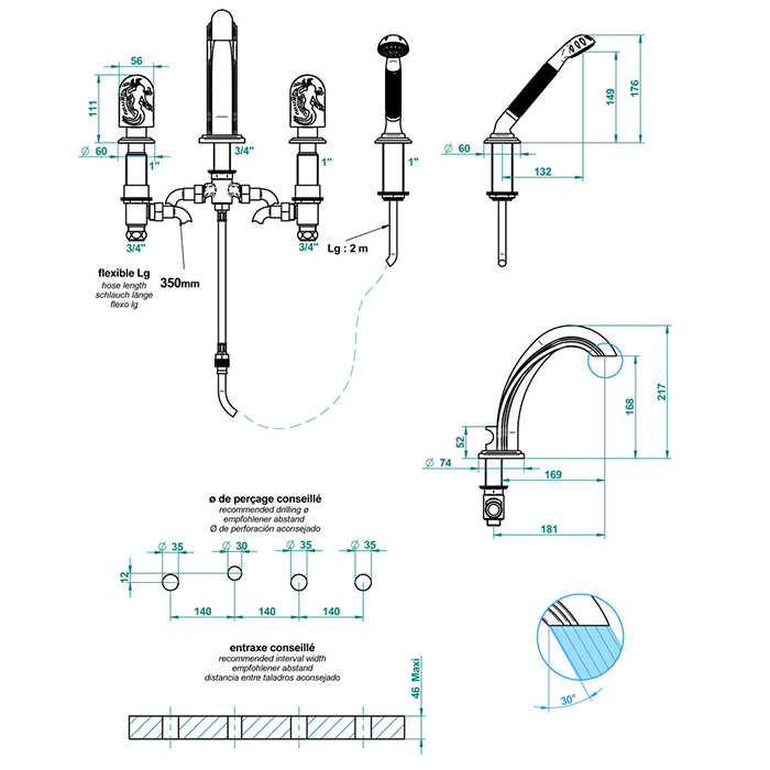 THG Naïade Cмеситель для ванны, 4 отв., цвет: золото/прозрачный хрусталь