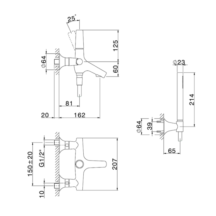 Cisal Vita Смеситель для ванны, настенный, с ручным душем и шлангом, цвет: matt black