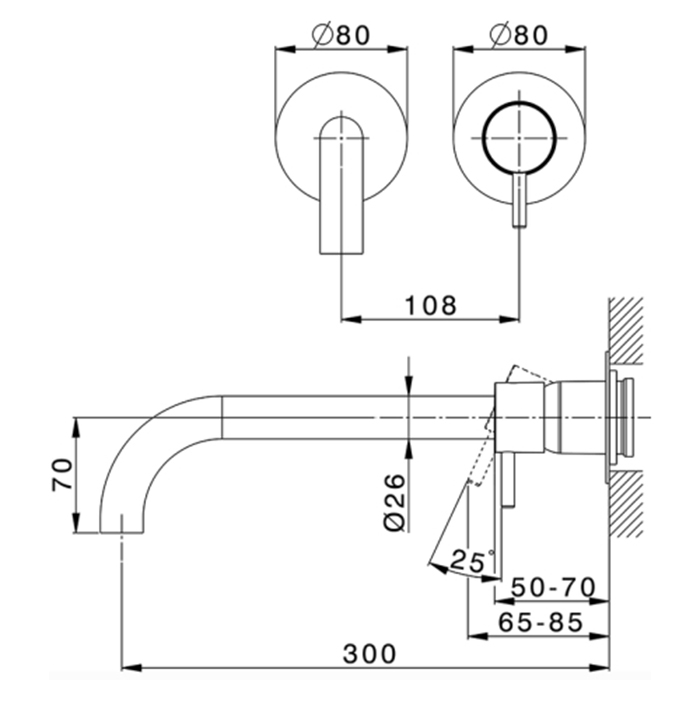 Cisal Nuova Less Смеситель для раковины на 2 отверстия из стены, излив 300 мм, (без встраиваемой части ZA025510), цвет хром