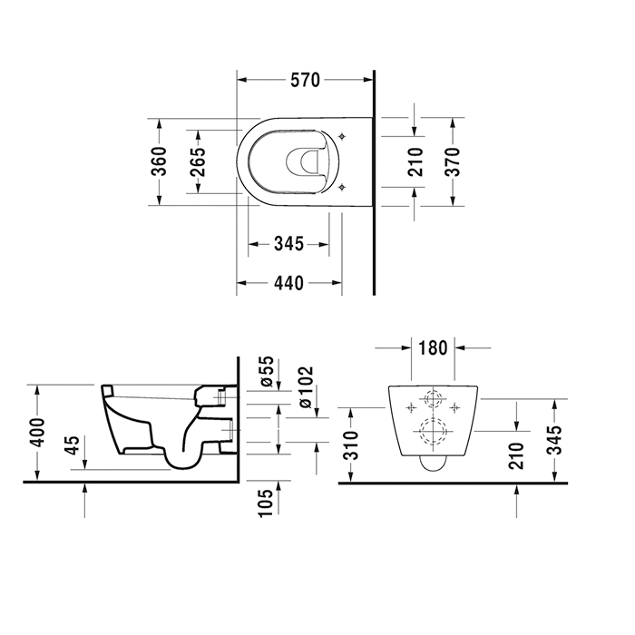 Duravit ME by Starck Унитаз подвесной, 37x57см., с вертикальным смывом, вкл. крепление Durafix, цвет: белый матовый