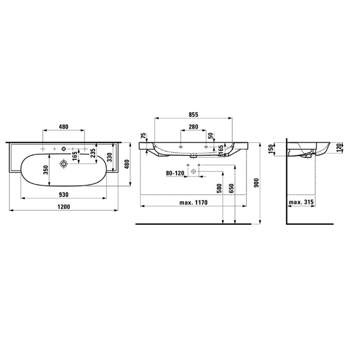 Laufen New Classic Раковина 120х48х16.5 см, 2 отв., цвет: белый матовый