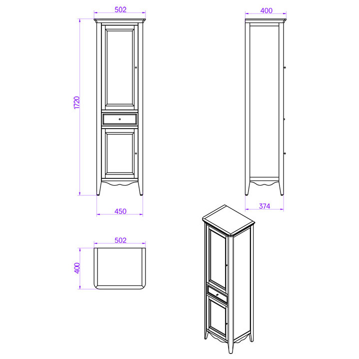 TW Veronica Nuovo колонна напольная с 2-мя дверцами, 1-м выдвижным ящиком, 3-мя стеклянными полками, доводчиками Blum, ручки бронза, DX - петли справа, Цвет: NOCE