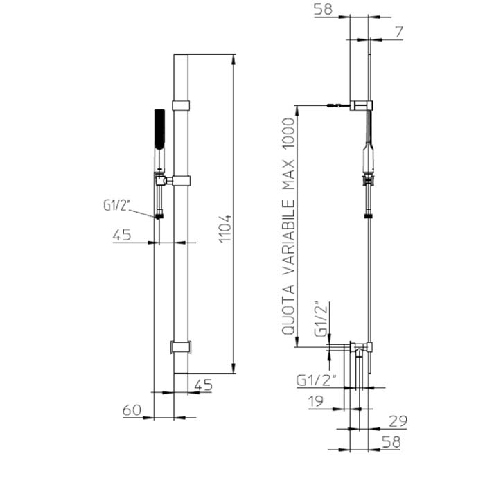 Bossini Apice Душевая штанга FLAT из латуни 110см., душевая лейка ,шланг Cromolux 150см, цвет: хром