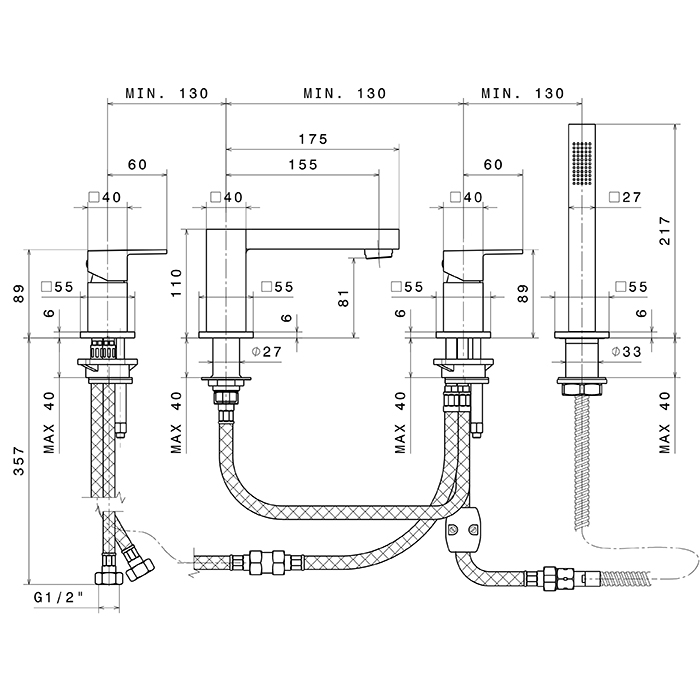Newform Ergo Q Смеситель на борт ванны, 4 отв., с изливом и ручным душем, цвет: хром