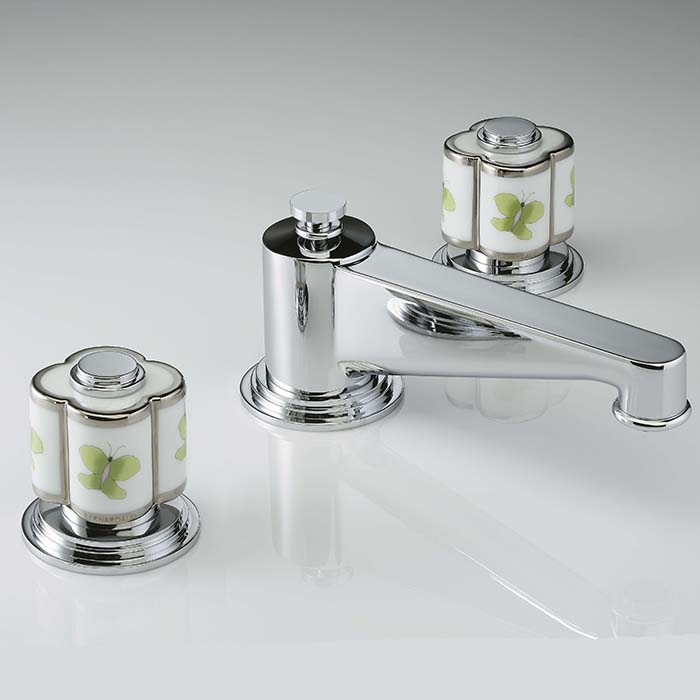 THG CAPUCINE VERT DECOR PLATINE Смеситель для раковины на 3 отверстия, с донным клапаном, декор платина/зеленый, цвет: хром