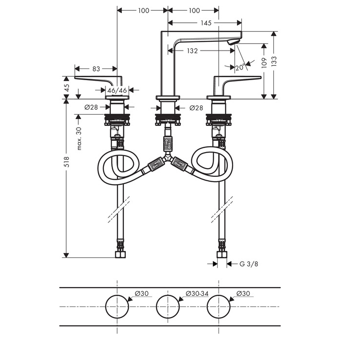 Hansgrohe Metropol Смеситель для раковины, 3 отв., цвет: хром