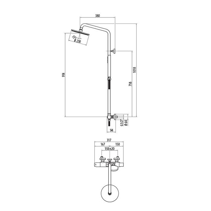 Gattoni Комплект для душа: термостатический смеситель, душевая стойка, душевая лейка 250мм, ручной душ, цвет: Nickel Spazzolato