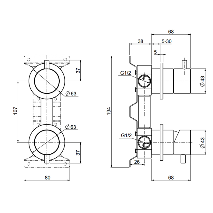 QuadroDesign Source Смеситель для душа, настенный, с переключателем на 2 потребителя, цвет: Brushed Stainless Steel