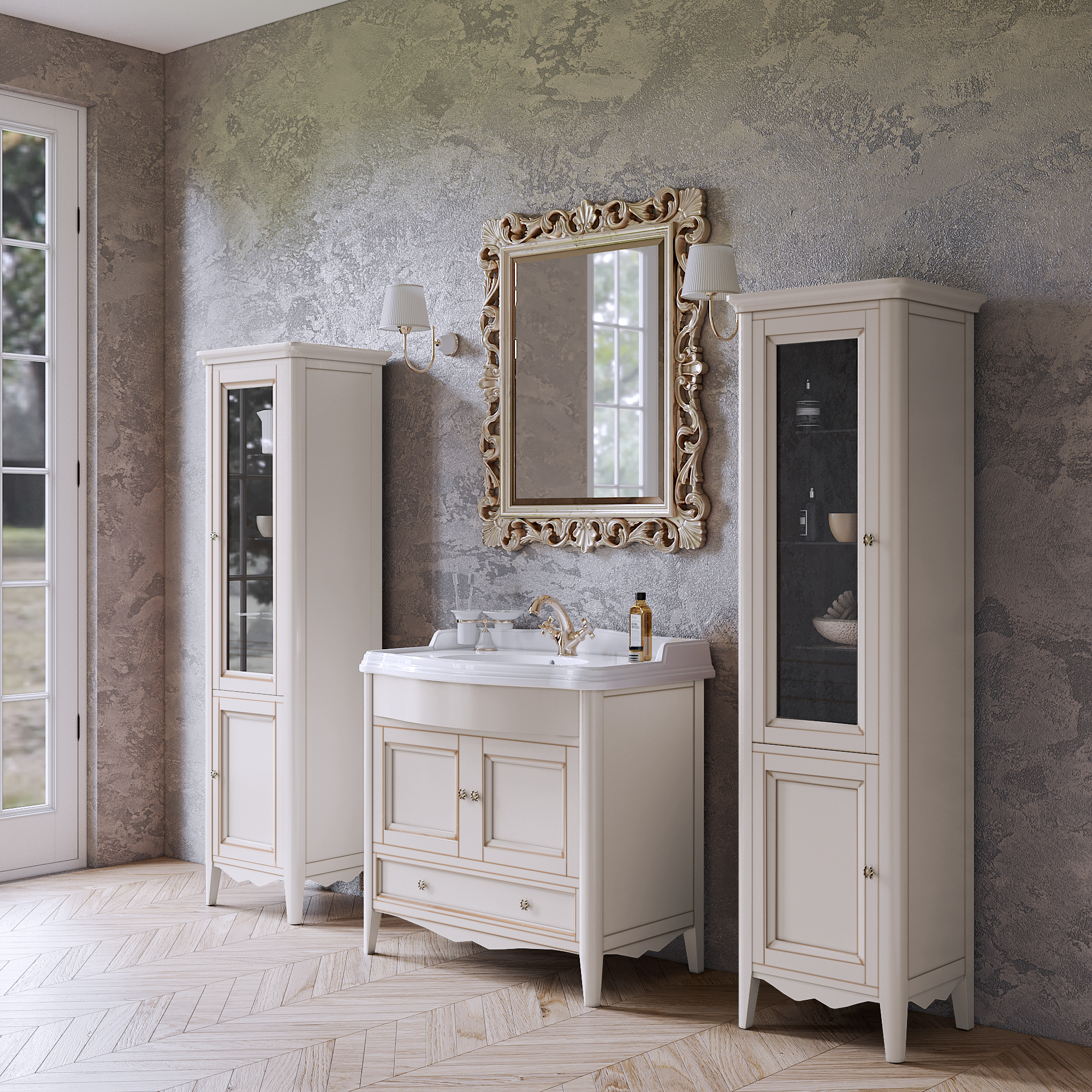 TW Veronica, База с раковиной Simas AR864bi x1 90x56см, с 1отв., 2 распашные дверки+1 выдв.ящик, доводч. Blum, ручки: Riflesso бронза, напольная, Цвет: vintage