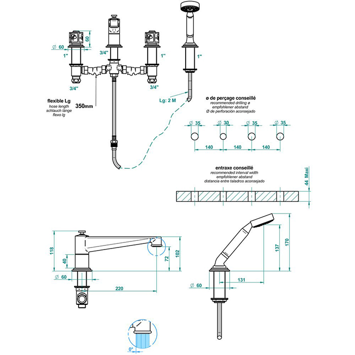 THG CAPUCINE MAUVE DECOR OR Смеситель на борт ванны, на 4 отверстия, с ручным душем, декор золото/лиловый, цвет: полированное золото