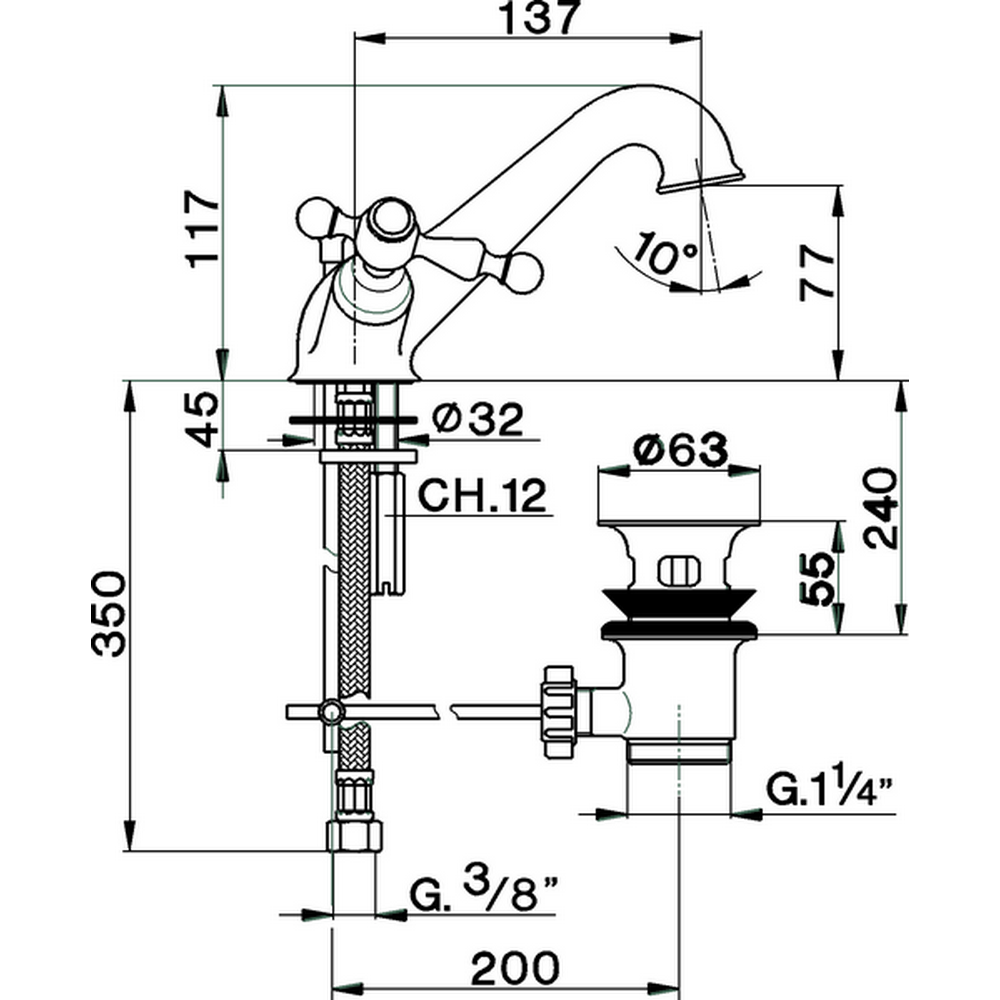 CISAL Arcana America Смеситель для раковины на 1 отверстие, с донным клапаном, цвет: хром