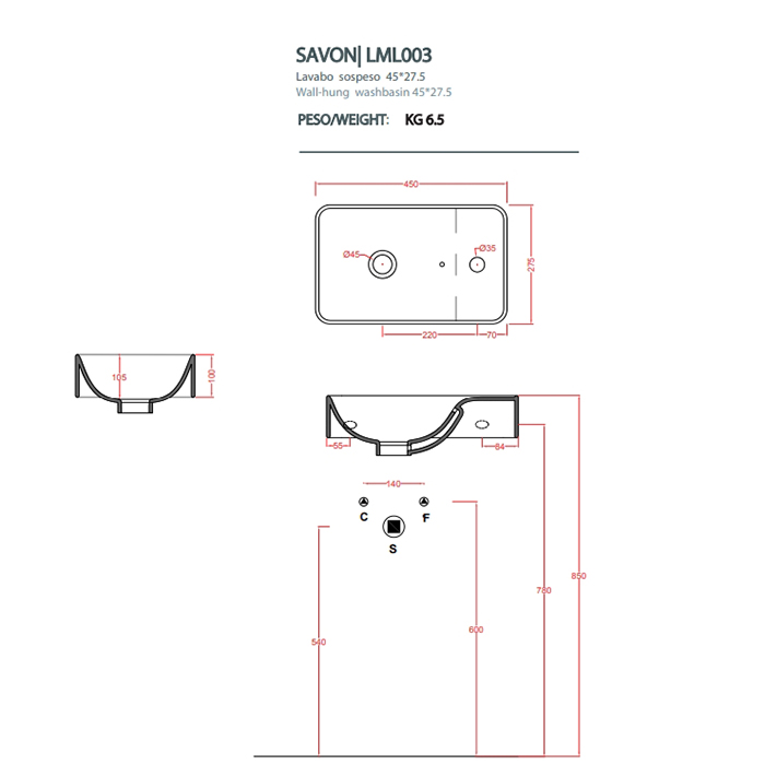 Artceram LAVAMANI UNION Раковина 27х45 см, 1 отв., подвесная, со слив-переливом, цвет: белый