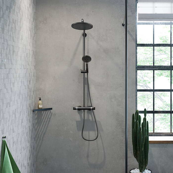Hansgrohe Croma Select S Душевая система: смеситель термостатический, верхний душ 18см, ручной душ и шланг 150см, цвет: черный матовый